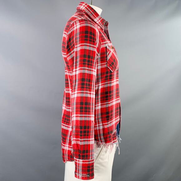 HOLLYWOOD TRADING CO L Red Black White Plaid Distressed Cotton Long Sleeve Shirt - Picture 2 of 6